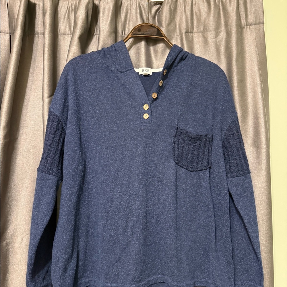 BKE Navy Knit Hoodie with Button Accents